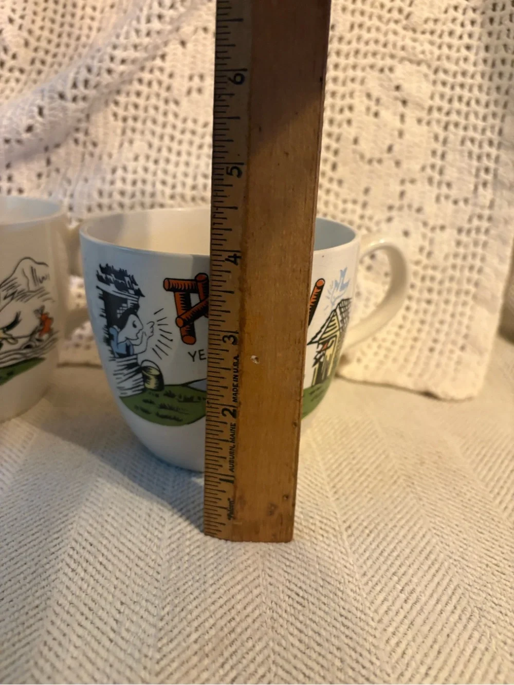 Vintage Maw and Paw Coffee Mugs with Green and Orange Rustic Print - Set of 2